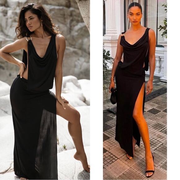 Rat & Boa Josefa Cowl Neck Open Sides Black Maxi Dress Size XL - Picture 2 of 9